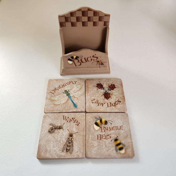 Vintage 1990s Hand Painted Wood Coasters Bees Dragonfly Lady Bugs Folk Art Set - Picture 1 of 8